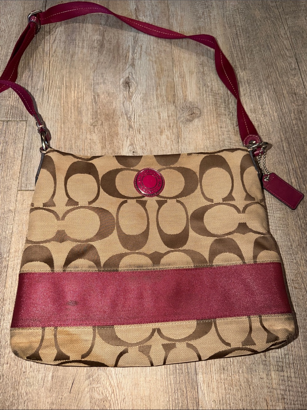 Coach Khaki Signature Canvas Shoulder Bag with Wine Trim